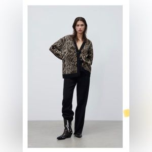 Zara Oversized V Neck Animal Print Cardigan